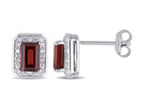 1.50 Carat (ctw) Garnet Emerald-Cut Solitaire Stud Earrings in Sterling Silver with Accent Diamonds